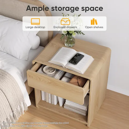 Vista 6 de Wood Night Stand Set of 2, Modern Bedside Table with Curved Profile Design, Large End Table with Drawer and Open Storage for Bedroom, Oak