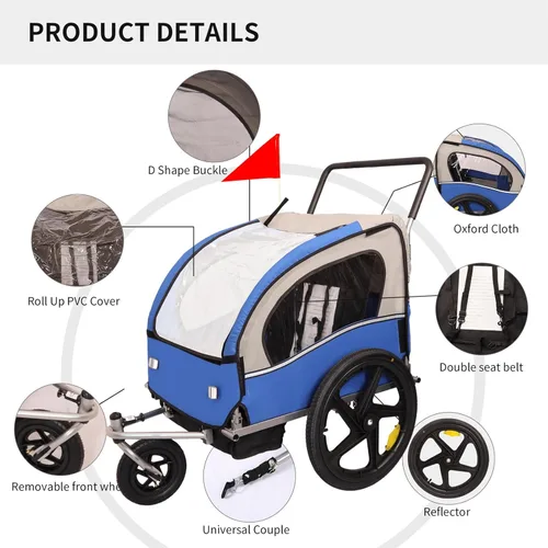 Vista 5 de Remolque y cochecito de bicicleta para niños de 2 asientos, remolque de bicicleta y cochecito 2 en 1 para 2 niños, plegable con rueda delantera