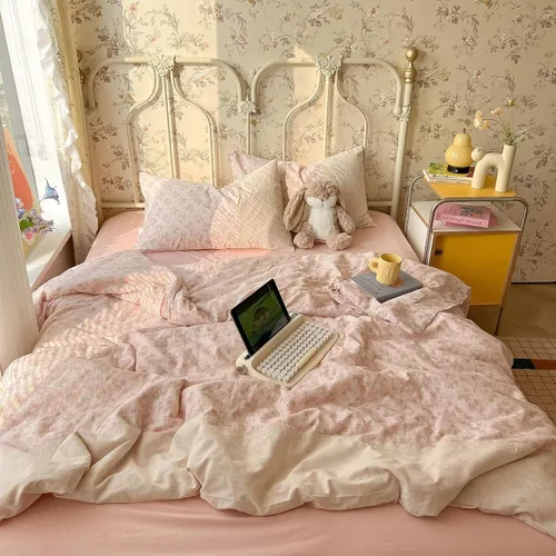 Vista 2 de Juego de funda de edredón floral rosa, tamaño matrimonial, con ribete de encaje blanco, tamaño matrimonial, estilo bohemio, de microfibra lavada