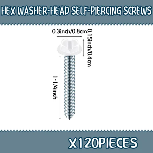 Vista 2 de 120 tornillos blancos #8 para canalón, tornillos de cabeza hexagonal blancos autorroscantes para canalón y bajante (1-1/4 pulgadas)