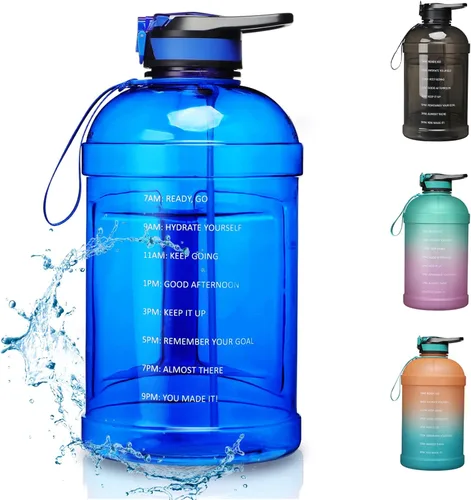 KEVENZ Botella de agua con marcador de tiempo, botella de agua de 1 galón con popote, jarra de agua a prueba de fugas, sin BPA, azul