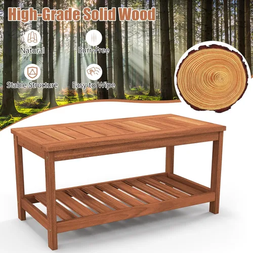 Vista 8 de Tangkula Mesa de centro de madera para exteriores, mesa de centro de patio de 2 niveles con mesa de madera dura de listones y estante