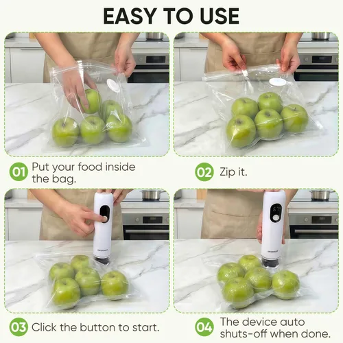 Vista 8 de Sellador al vacío compacto para alimentos (máquina selladora al vacío + 30 bolsas de vacío reutilizables) Potente máquina selladora al vacío