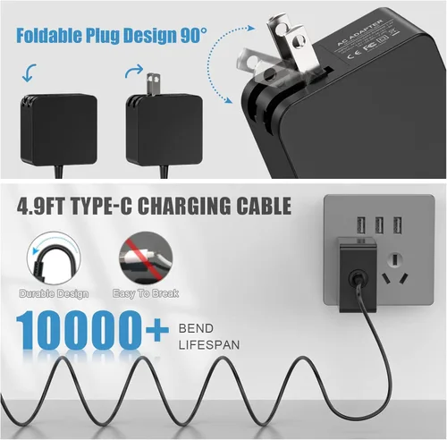 Vista 3 de RuntoGOL Cargador de alimentación plegable rápido de 45 W para cubierta de vapor, cable USB C de 4.9 pies, adaptador de corriente de pared