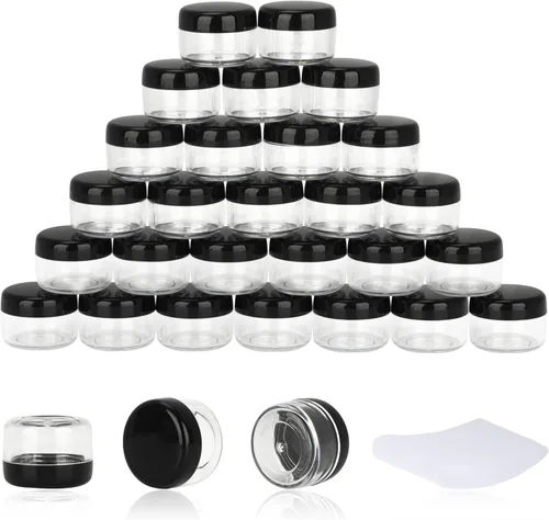 Vista 25 de 25 recipientes de muestra de 0.18 oz, frascos vacíos de 0.17 onzas líquidas con tapas, pequeños recipientes para cosméticos, mini frascos de muestra