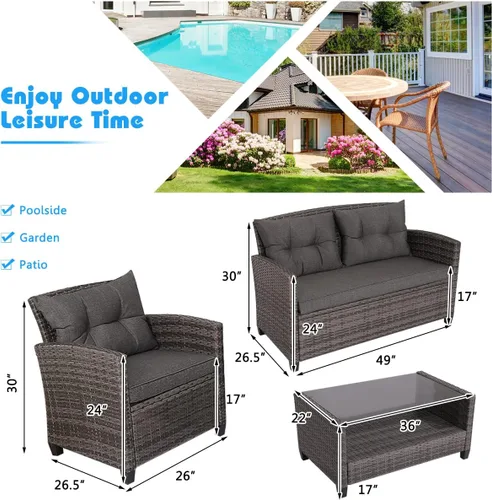 Vista 5 de RELAX4LIFE Juego de muebles de patio de 4 piezas, juego de conversación de mimbre de ratán PE con mesa de centro de vidrio templado y cojines