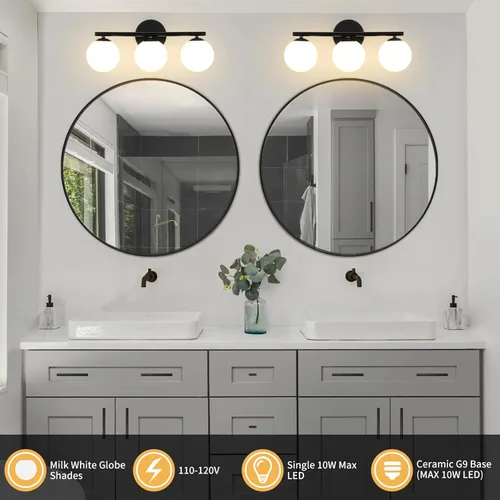 Vista 2 de Black Globe Bathroom Light Fixtures 3-Light Vanity Light with Plastic Milk White Globe Shades 11.81 inch Wall Sconce Lighting Over Mirror, Vanity
