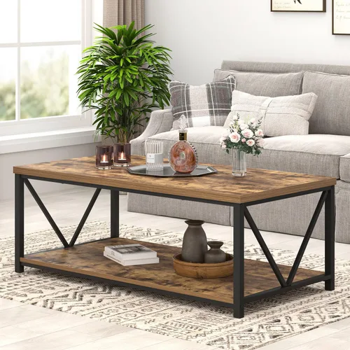 Vista 3 de EXCEFUR Mesa de centro moderna, mesa de sala de estar de madera rústica y metal con estante de almacenamiento, mesa central rectangular industrial