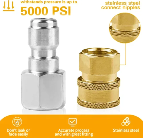 Vista 2 de Juego de 8 adaptadores NPT de acero inoxidable macho y hembra de 3/8 pulgadas, accesorios de conexión rápida (banda de rodadura interna), 5000 PSI