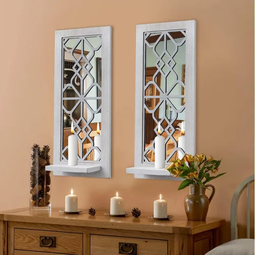 Vista 8 de Juego de 2 candelabros de pared de madera, portavelas rústico con espejo, marco de madera tallada, decoración de pared colgante para sala de estar