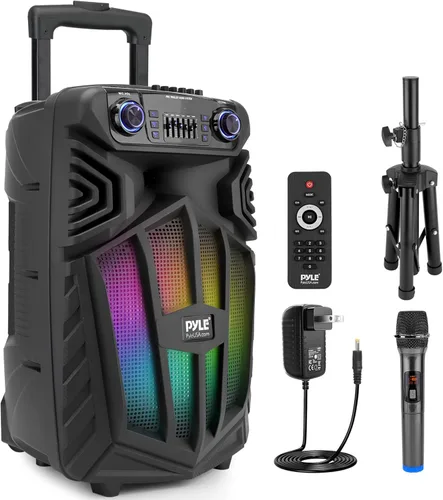 Vista 8 de Pyle 680W Altavoz PA Bluetooth portátil - Altavoz de karaoke recargable de 10" para exteriores, sistema de audio con micrófono inalámbrico y ruedas