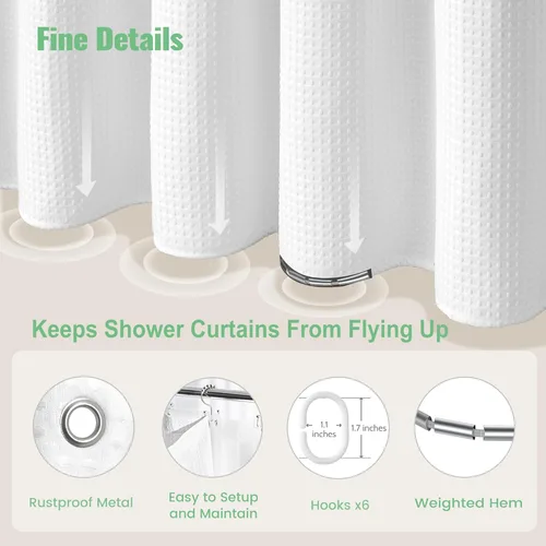 Vista 527 de Cortina de ducha de tela Dynamene verde oscuro - Cortinas de baño de tela de nido de abeja texturizadas resistentes, juego de cortinas de baño