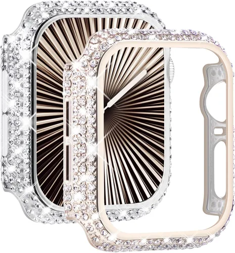Vista 11 de NewWays Paquete de 2 fundas brillantes con diamantes completos para Apple Watch 40mm para mujeres, protector de diamantes completamente pavimentado