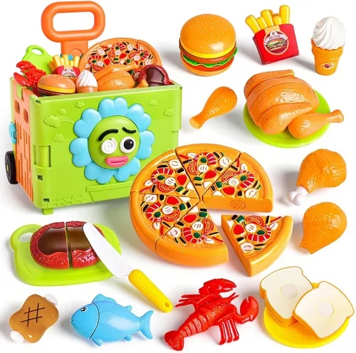 Carrito de compras de juguete para niños, 45 unidades, 3 en 1, carrito de compras para niños pequeños con juego de simulación, corte de alimentos y