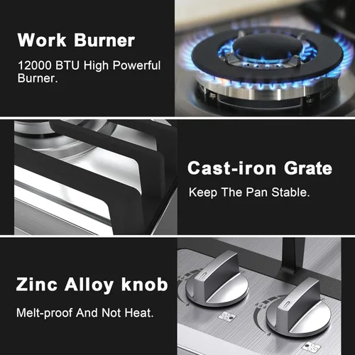 Vista 4 de Placa de cocina de gas de 24 pulgadas, estufa de gas integrada con 4 quemadores, cocinas convertibles NG/LPG, placa de cocina de propano de doble
