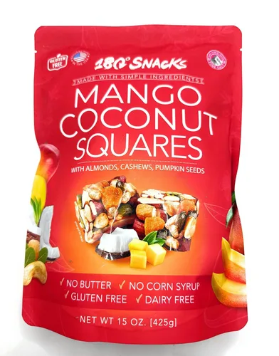 180 Snacks, Mango Coco Cuadrado, con Almendras, Anacardos, Semillas de Calabaza