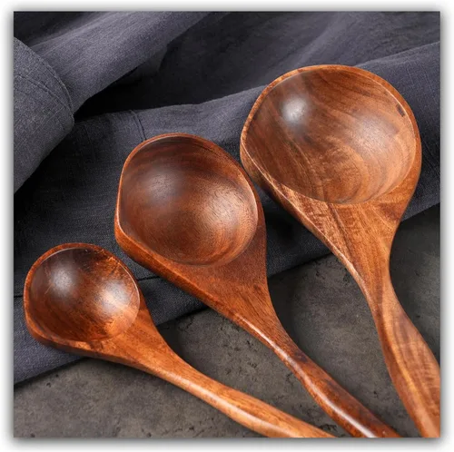 Vista 5 de Juego de cucharas de madera, 3 tamaños de cuchara de sopa grande de teca, cucharas de madera para cocinar, cuchara de servir, cucharas de madera