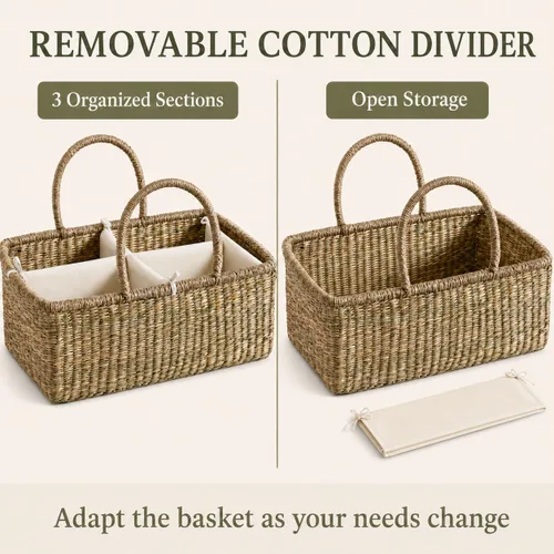 Vista 6 de Organizador de pañales de mimbre para bebé, cesta tejida de hierba marina con asas, cesta de pañales con divisores (rectangular)