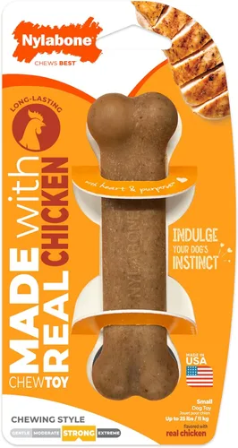 Vista 13 de Nylabone Paquete de 4 juguetes masticables fuertes para perros, hechos con tocino real, bisonte, venado, carne de res y pollo, huesos duraderos