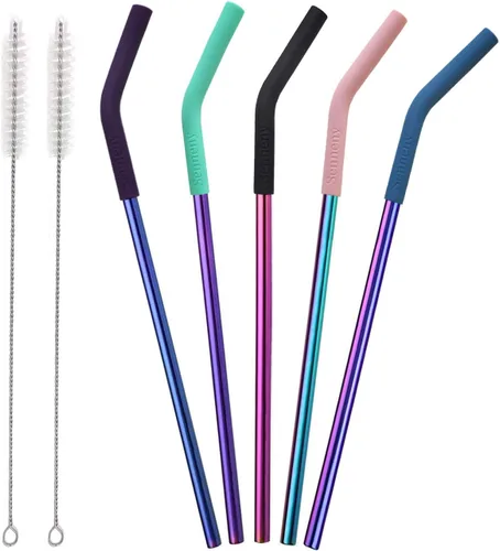 Vista 7 de Juego de 5 pajitas de acero inoxidable Senneny con puntas flexibles de silicona con cubierta de codos, 2 cepillos de limpieza y 1 bolsa portátil
