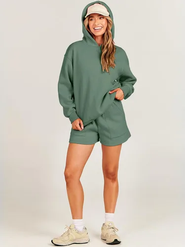 Vista 6 de ANRABESS Conjunto de 2 piezas con capucha y pantalones cortos para mujer, sudadera de gran tamaño, pantalones cortos, ropa Y2K