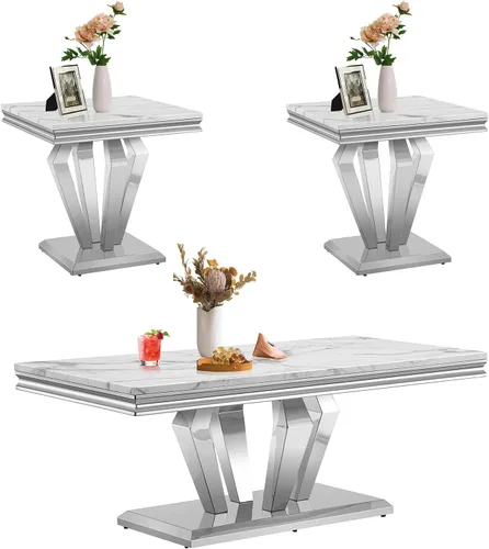 Vista 32 de SSLine Moderna mesa de centro de 1 pieza para sala de estar, mesa de centro de lujo de mármol sintético con patas de acero inoxidable en forma de S