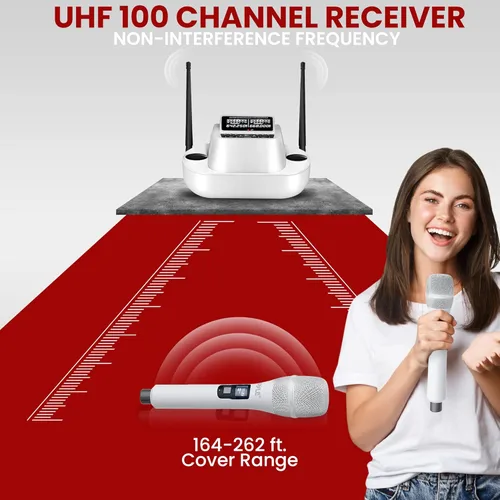 Vista 5 de Pyle Sistema de micrófono inalámbrico UHF - Receptor Bluetooth con 2 micrófonos de mano recargables, baterías de 1200 mAh, sonido claro