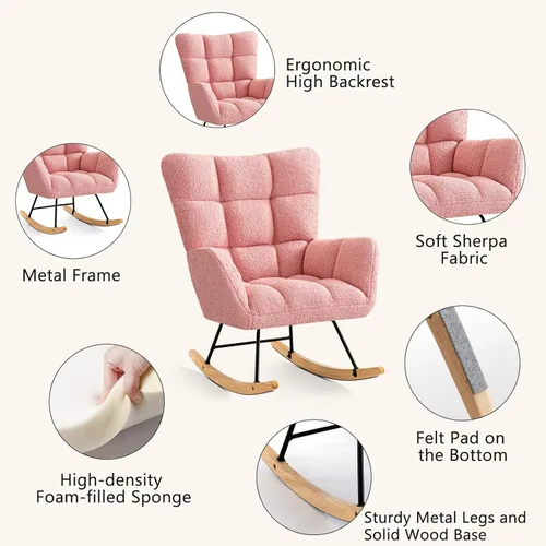 Vista 24 de Furniliving Mecedora tapizada para cuarto de bebé, mecedora tapizada, moderna, con asiento acolchado, silla de lectura con respaldo alto, cómoda