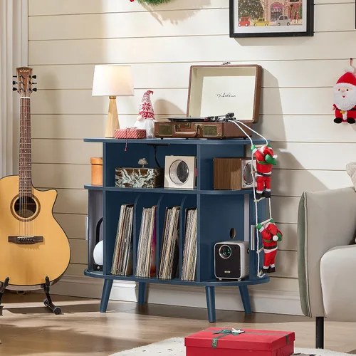 Vista 3 de LELELINKY Large Round Record Player Stand with Charging Station & Fluted Display Shelf, Blue Mid Century Modern Turntable Cabinet with Vinyl