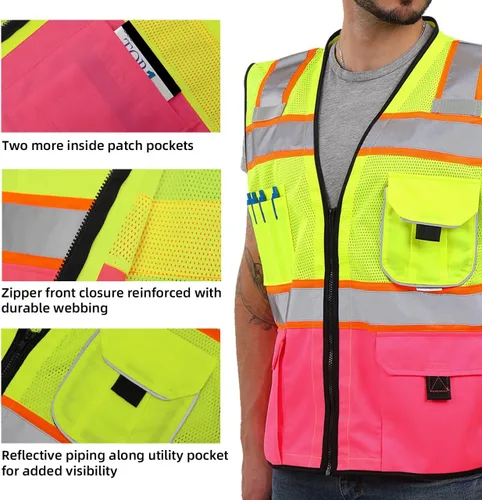 Vista 3 de Chaleco de seguridad Dib Safety reflectante con bolsillos y cremallera, malla de alta visibilidad ANSI Clase 2, fabricado con cinta reflectante 3M