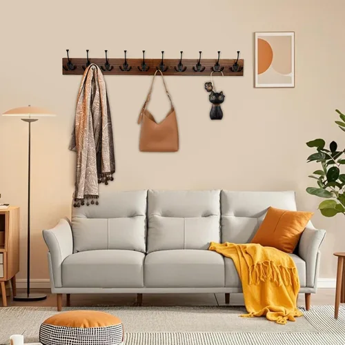 Vista 4 de IBosins Perchero de pared de 34'' con 10 ganchos tri-decorativos, colgador de abrigos de madera resistente, barra de ganchos rústicos para entrada
