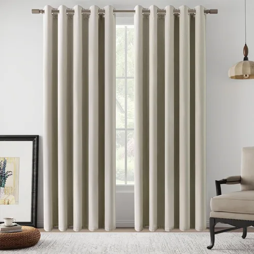 Vista 49 de Cortinas de Lino Beige con Bloqueo Total de Luz de 64 Pulgadas de Largo, Lino Sintético Texturizado con Bloqueo de Calor y Aislamiento Térmico