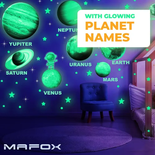 Vista 3 de Brillan en los planetas oscuros, calcomanías de pared del sistema solar brillante, Tierra Sol, Marte y así sucesivamente, 9 calcomanías de techo