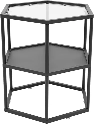Vista 7 de Mesa auxiliar geométrica negra, mesa auxiliar de metal de 2 niveles con panel de vidrio, mesa auxiliar moderna y simple con estante