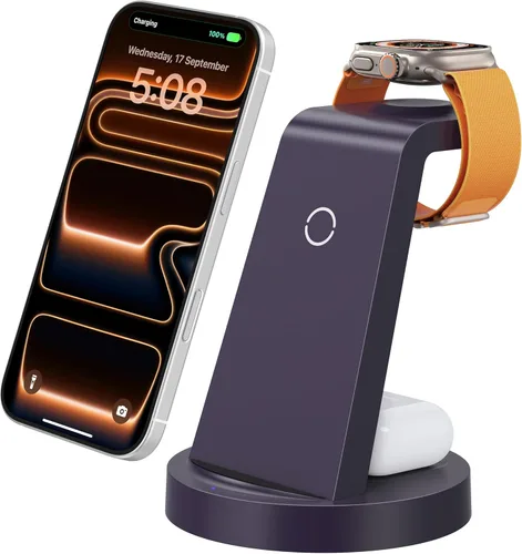 Vista 8 de Estación de carga 3 en 1 para iPhone, cargador inalámbrico para iPhone 17 16e 16 15 14 13 12 11 X Pro Max y Apple Watch - Base de carga para AirPods