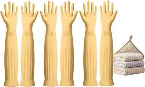 3 pares de guantes de 17.8 pulgadas de longitud con codo de goma reutilizables, impermeables, para limpieza del hogar y cocina, tamaño pequeño