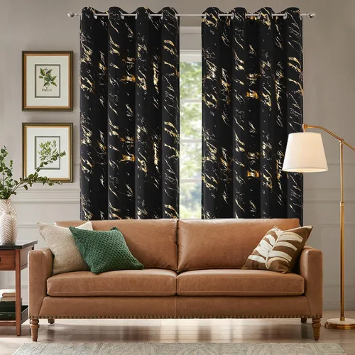 Vista 14 de WUBODTI Cortinas 100% Opacas de Mármol Beige de 63 Pulgadas de Largo 2 Paneles, Cortina Corta con Ojales de Impresión de Lámina Dorada Moderna