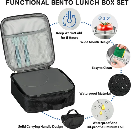 Vista 4 de Lonchera Bento para niños con termo de sopa de 8 onzas, recipientes de almuerzo a prueba de fugas con 4 compartimentos, tarro térmico para alimentos