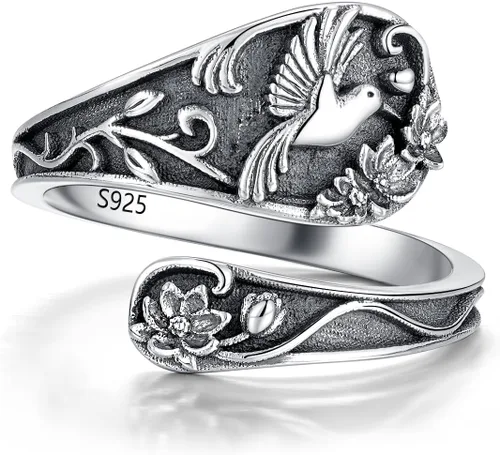 Spoon Ring Sterling Silver Hummingbird Ring Vintage Antique Spoon Rings Adjustable Thumb Rings for Women