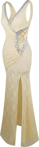 Vista 2 de Angel-fashions Vestido de novia de encaje con cuello en V para mujer