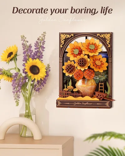 Vista 7 de Rompecabezas 3D de madera Wowood para adultos - Kits de construcción de modelos DIY Van Gogh Girasol Dorado con luz LED - Decoración del hogar, arte