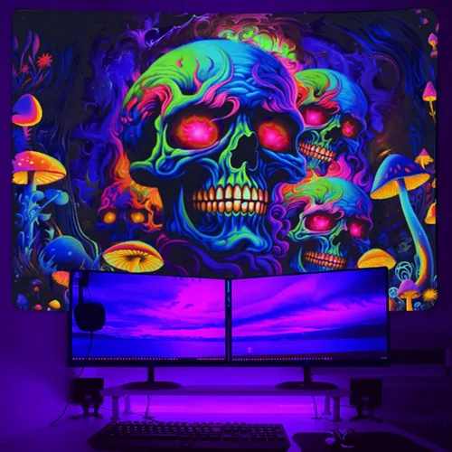 Vista 2 de Xiaoput Tapiz de pared de esqueleto reactivo a los rayos UV con calavera para dormitorio, sala de estar, decoración de dormitorio, 40 x 30 pulgadas