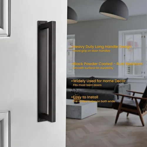 Vista 4 de Homode Manija de puerta estilo granero, mango rústico de 12 pulgadas, resistente, tirador de puerta cuadrada negro mate con base larga al ras