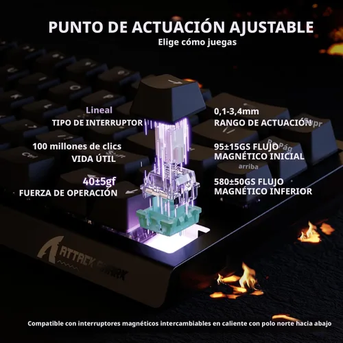 Vista 3 de Teclado mecánico para videojuegos ATTACK SHARK X68 HE Rapid Trigger 60% con cable TKL con actuation ajustable, interruptor magnético de efecto Hall