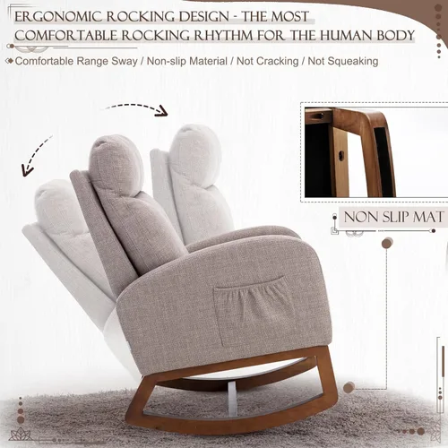 Vista 5 de Mecedora tapizada para guardería, mecedora Accent Glider con bolsillo lateral, cómoda silla con respaldo alto y cojín de doble capa, planeador