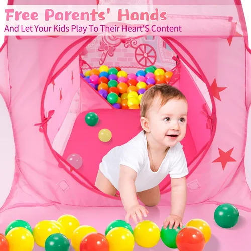 Vista 6 de Tienda de campaña de 3 piezas de princesa de cuento de hadas para niños, túnel de gateo en cubos, pozo de pelotas para niños pequeños, castillo