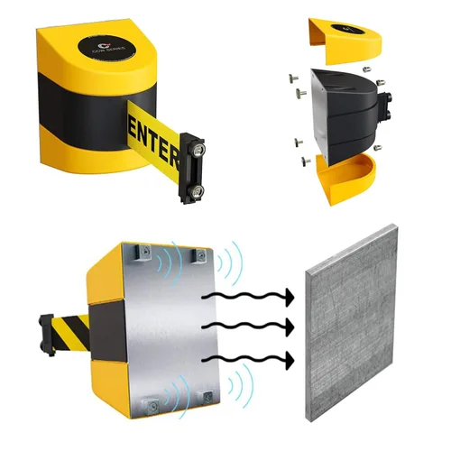 Vista 4 de Crowd Control Warehouse - Barrera de cinturón retráctil con montaje magnético en pared serie CCW WMB-220 - 15 pies, roja con cinturón de letras