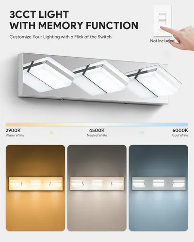 Vista 2 de VONLUCE Lámpara de tocador de baño, 3 luces LED modernas de tocador, luz de baño ajustable 3CCT con función de memoria, pantallas giratorias