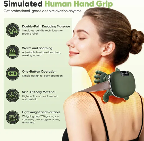 Vista 2 de Masajeador de hombros y cuello, masajeador térmico biónico, masajeador de cuello con dedos, masaje de amasamiento 4D, simula un masaje real de palma