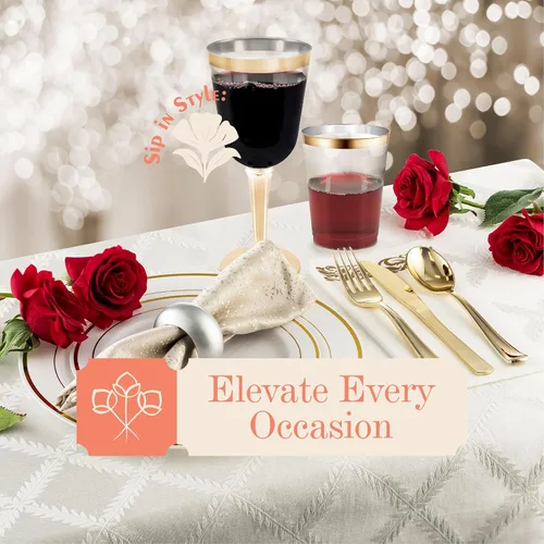 Vista 5 de BloominGoods Copas de vino desechables con tallo, 10 onzas, copas de vino de plástico con borde dorado para fiestas, bodas, grandes copas de vino